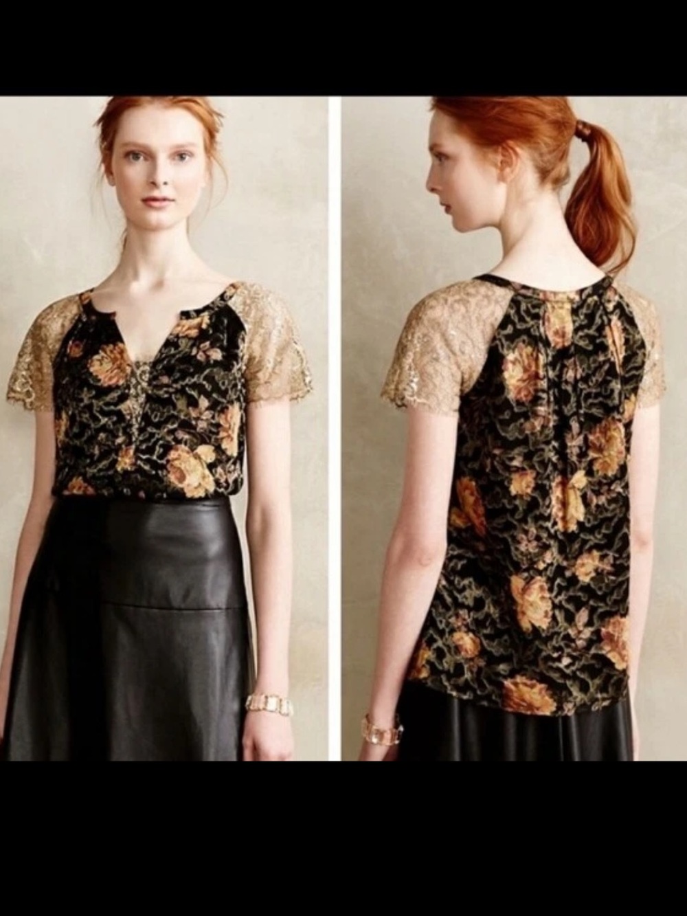 Anthropologie HD In Paris Disa Floral Burnout Top Gold Lace Sleeves Christmas